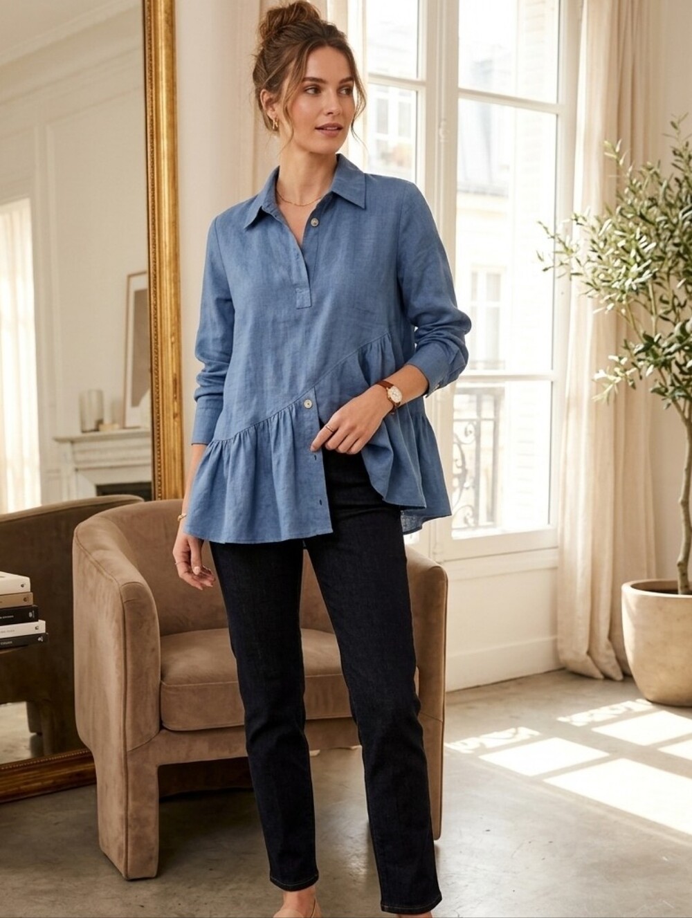100% Pure Sky Blue Linen Top